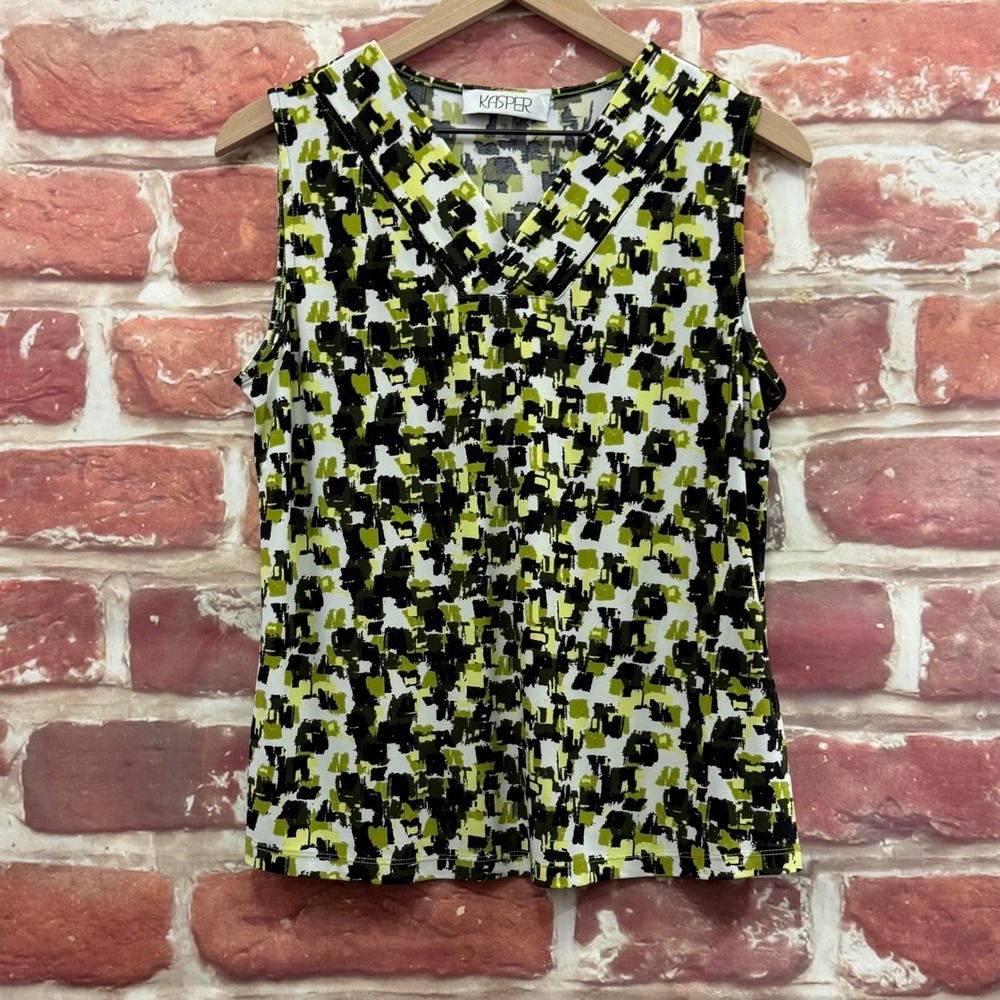 Kasper Top Women's Medium Petite Green Multicolor Abstract Camisole Tank Shirt
